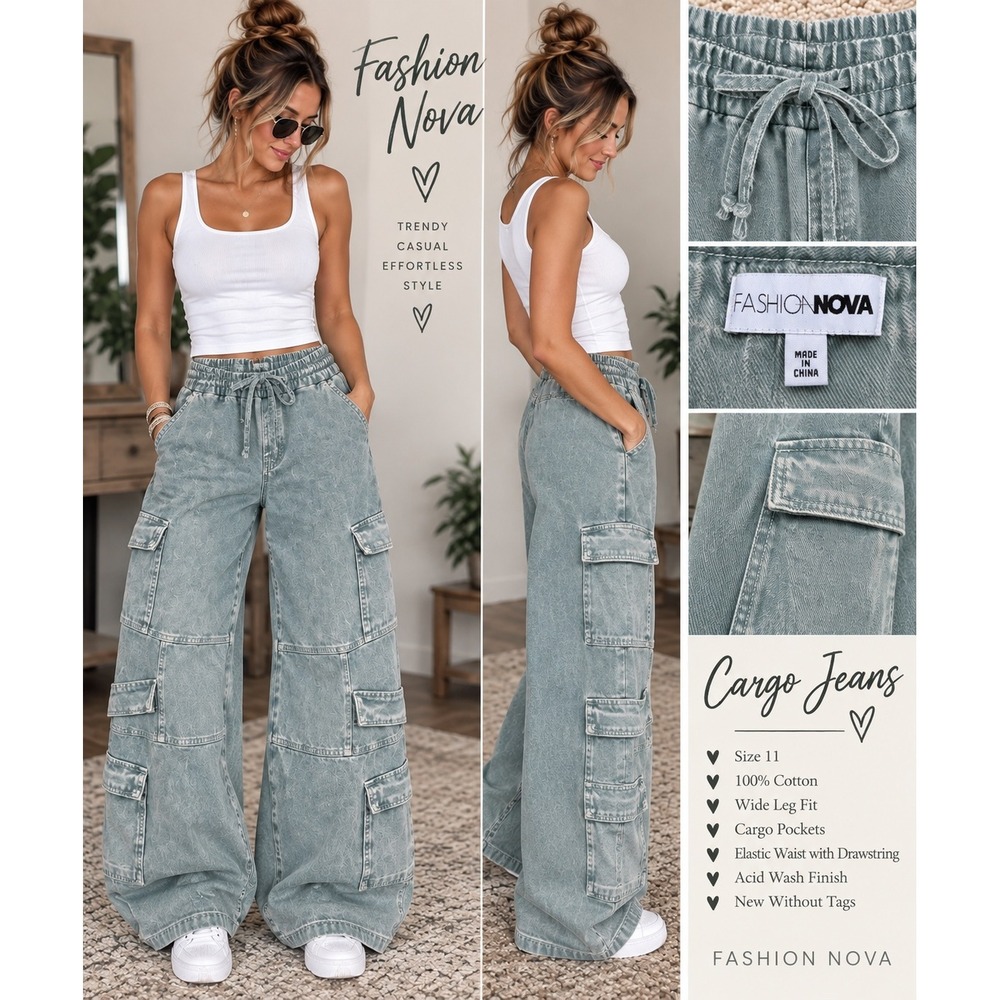 Fashion Nova Cargo Pants Blue Acid Wash Cotton Wide Leg Streetwear Size 11